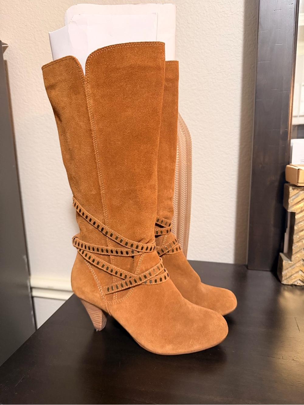 Express Women’s Cognac Suede Mid-Calf Heeled Boots